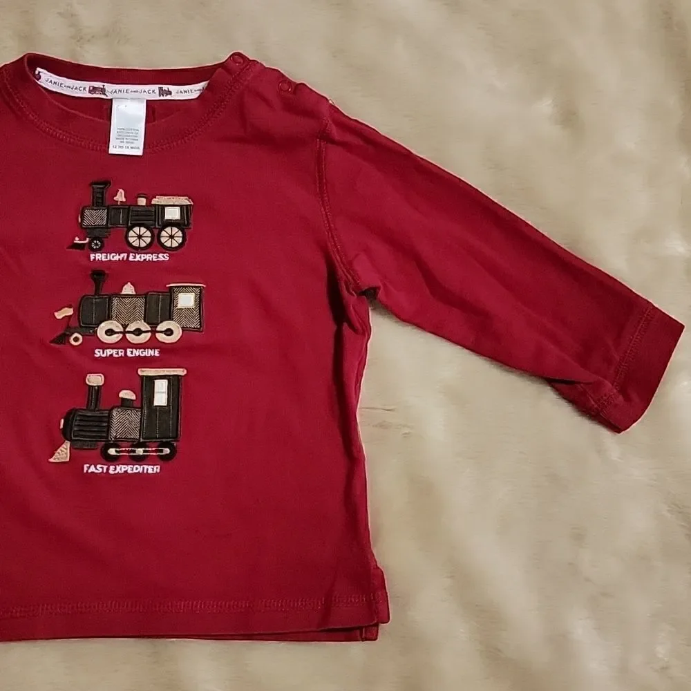 JANIE AND JACK RED LONG-SLEEVE T-SHIRT WITH TRAINS, SIZE 12-18 MONTHS